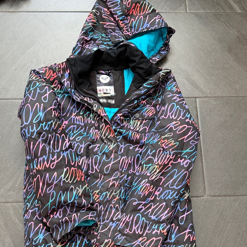Roxy Kids Black Hooded Puffer with Neon Script Print